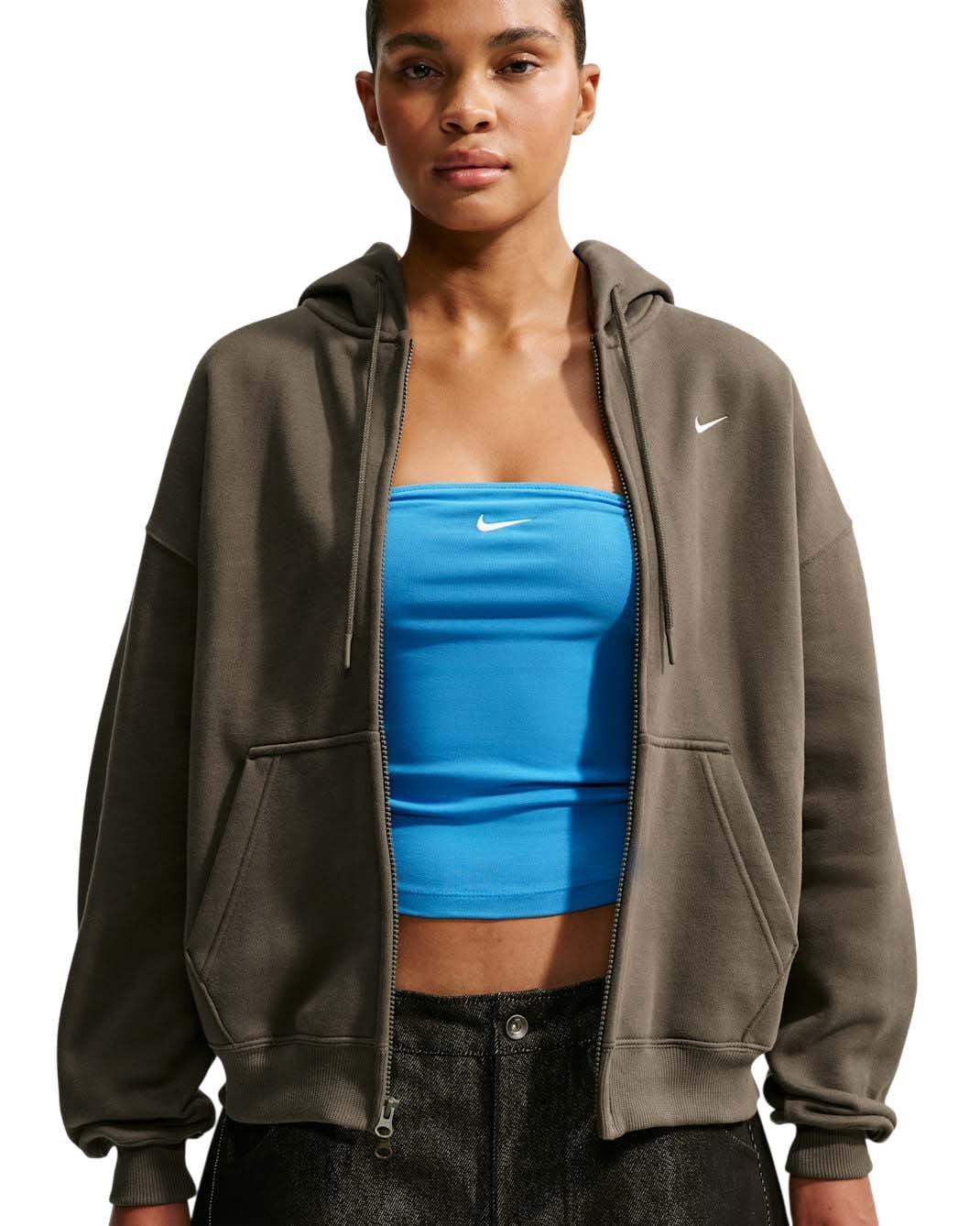 Nike Women's Studio Fleece Medium Weight Oversized Full-Zip Hooded Jacket - Brown - BROWN
